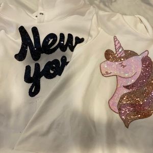 Two sweatshirts one brand new size 9/10 unicorn fur lined
